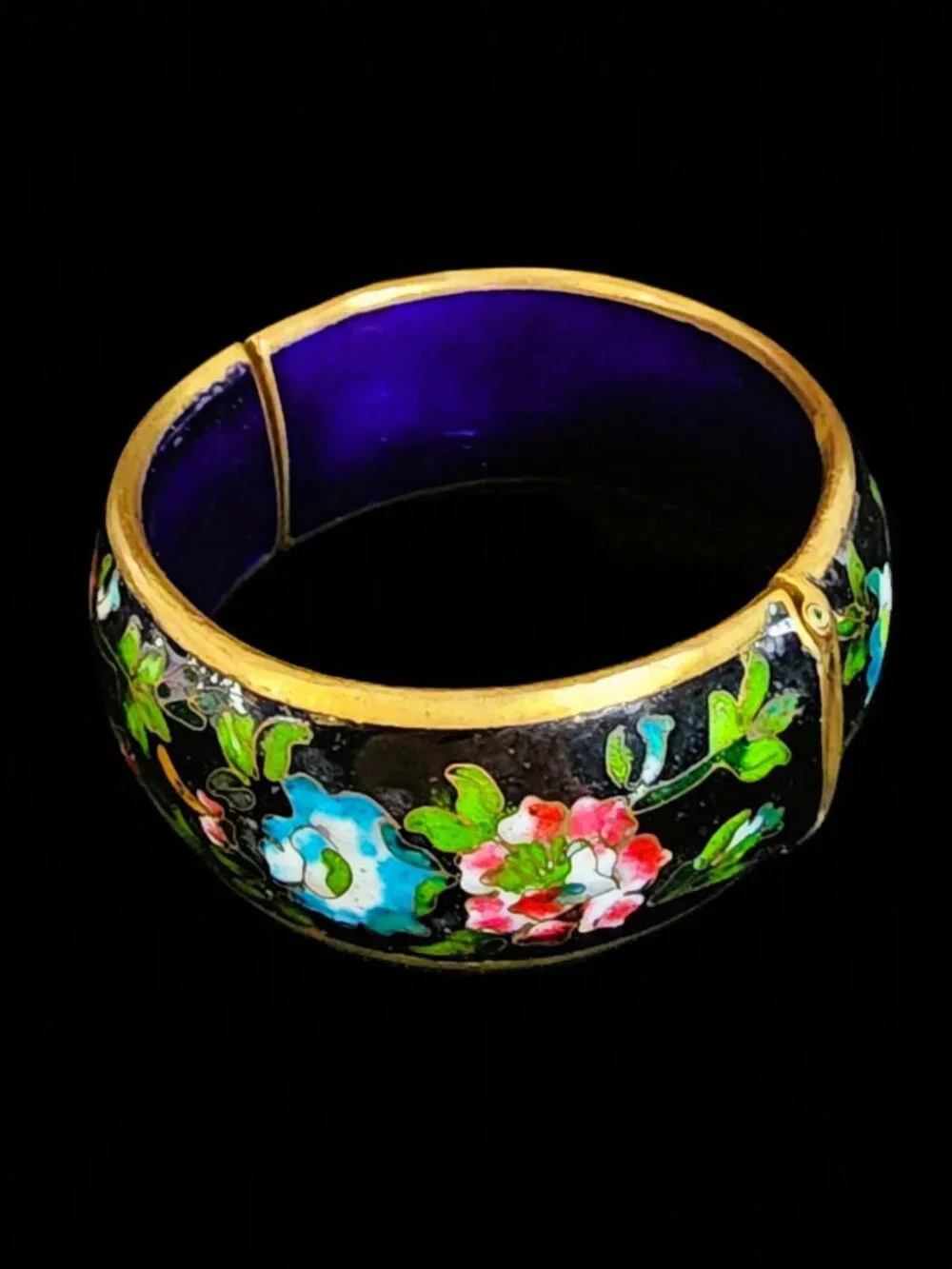 Vtg 60s Chunky Cloisonne Hinged Bangle Bracelet Heavy Brass Black Enamel 1.25